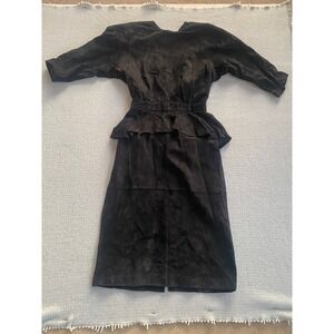 G-III Leather Designs Vintage BLK Suede Peplum Open Back Midi Dress Womens 11/12